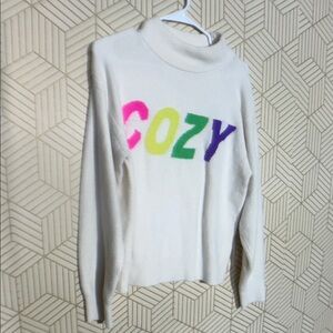 a new day White Sweater with Colorful Cozy Print